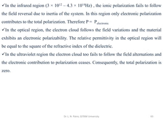 Dr. L. N. Patro, GITAM University 43
✓In the infrared region (3 × 1012 – 4.3 × 1014Hz) , the ionic polarization fails to follow
the field reversal due to inertia of the system. In this region only electronic polarization
contributes to the total polarization. Therefore P = Pelectronic
✓In the optical region, the electron cloud follows the field variations and the material
exhibits an electronic polarizability. The relative permittivity in the optical region will
be equal to the square of the refractive index of the dielectric.
✓In the ultraviolet region the electron cloud too fails to follow the field alternations and
the electronic contribution to polarization ceases. Consequently, the total polarization is
zero.
 