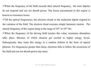 Dr. L. N. Patro, GITAM University 61
✓When the frequency of the field exceeds their natural frequency, the ionic dipoles
do not respond and can not absorb power. The losses encountered in this region is
known as resonance losses.
✓Till the optical frequencies, the electron clouds in the molecular dipole respond to
the variation of the field. The electron cloud executes simple harmonic motion . The
natural frequency of this region lying in the range of 1017 to 1018 Hz.
✓When the frequency of the driving field reaches this value, resonance absorption
talks place. Because of which electron get excited to higher energy levels.
Subsequently, they remit this energy in a random fashion in the form of optical
photons. For frequencies greater than these, electrons fails to follow the excursions of
the field and can not absorb power any more.
 