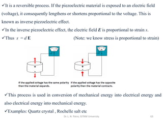 Dr. L. N. Patro, GITAM University 63
✓This process is used in conversion of mechanical energy into electrical energy and
also electrical energy into mechanical energy.
✓Examples: Quartz crystal , Rochelle salt etc
✓It is a reversible process. If the piezoelectric material is exposed to an electric field
(voltage), it consequently lengthens or shortens proportional to the voltage. This is
known as inverse piezoelectric effect.
✓In the inverse piezoelectric effect, the electric field E is proportional to strain s.
✓Thus s = d E (Note: we know stress is proportional to strain)
 