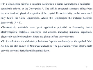 Dr. L. N. Patro, GITAM University 65
✓In a ferroelectric material a transition occurs from a centro symmetric to a noncentro
symmetric unit cell at the Curie point Tc. The shift in structural symmetry affects both
the structural and physical properties of the crystal. Ferroelectricity can be maintained
only below the Curie temperature. Above this temperature the material becomes
paraelectric (P = 0).
✓Ferroelectric materials have great application potential in developing smart
electromagnetic materials, structures, and devices, including miniature capacitors,
electrically tunable capacitors, filters and phase shifters in recent years
✓In ferroelectrics, the dielectric polarization depends nonlinearly on the applied field.
So they are also known as Nonlinear dielectrics. The polarization versus electric field
curve is known as ferroelectric hysteresis loop.
 