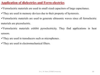 Dr. L. N. Patro, GITAM University 69
Application of dielectrics and Ferro-electrics
✓Ferroelectric materials are used in small sized capacitors of large capacitance.
✓They are used in memory devices due to their property of hysteresis.
✓Ferroelectric materials are used to generate ultrasonic waves since all ferroelectric
materials are piezoelectric.
✓Ferroelectric materials exhibit pyroelectricity. They find applications in heat
sensors.
✓They are used in transducers such as microphones .
✓They are used in electromechanical filters.
 