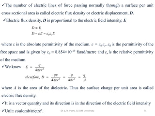 Dr. L. N. Patro, GITAM University 8
where A is the area of the dielectric. Thus the surface charge per unit area is called
electric flux density.
✓It is a vector quantity and its direction is in the direction of the electric field intensity
✓Unit: coulomb/metre2.
where ε is the absolute permittivity of the medium. ε = ε0 εr, ε0 is the permittivity of the
free space and is given by ε0 = 8.854×10-12 farad/metre and εr is the relative permittivity
of the medium.
2
2 2
4
,
4 4
q
E
r
q q q
therefore D
r r A


 
=
= = =
✓Electric flux density, D is proportional to the electric field intensity, E
0 r
D E
D E E
  

= =
✓The number of electric lines of force passing normally through a surface per unit
cross sectional area is called electric flux density or electric displacement, D.
✓We know
 