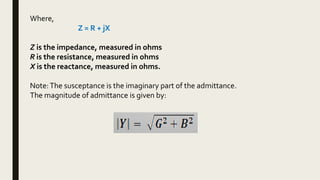 Where,
Z = R + jX
Z is the impedance, measured in ohms
R is the resistance, measured in ohms
X is the reactance, measured in ohms.
Note:The susceptance is the imaginary part of the admittance.
The magnitude of admittance is given by:
 