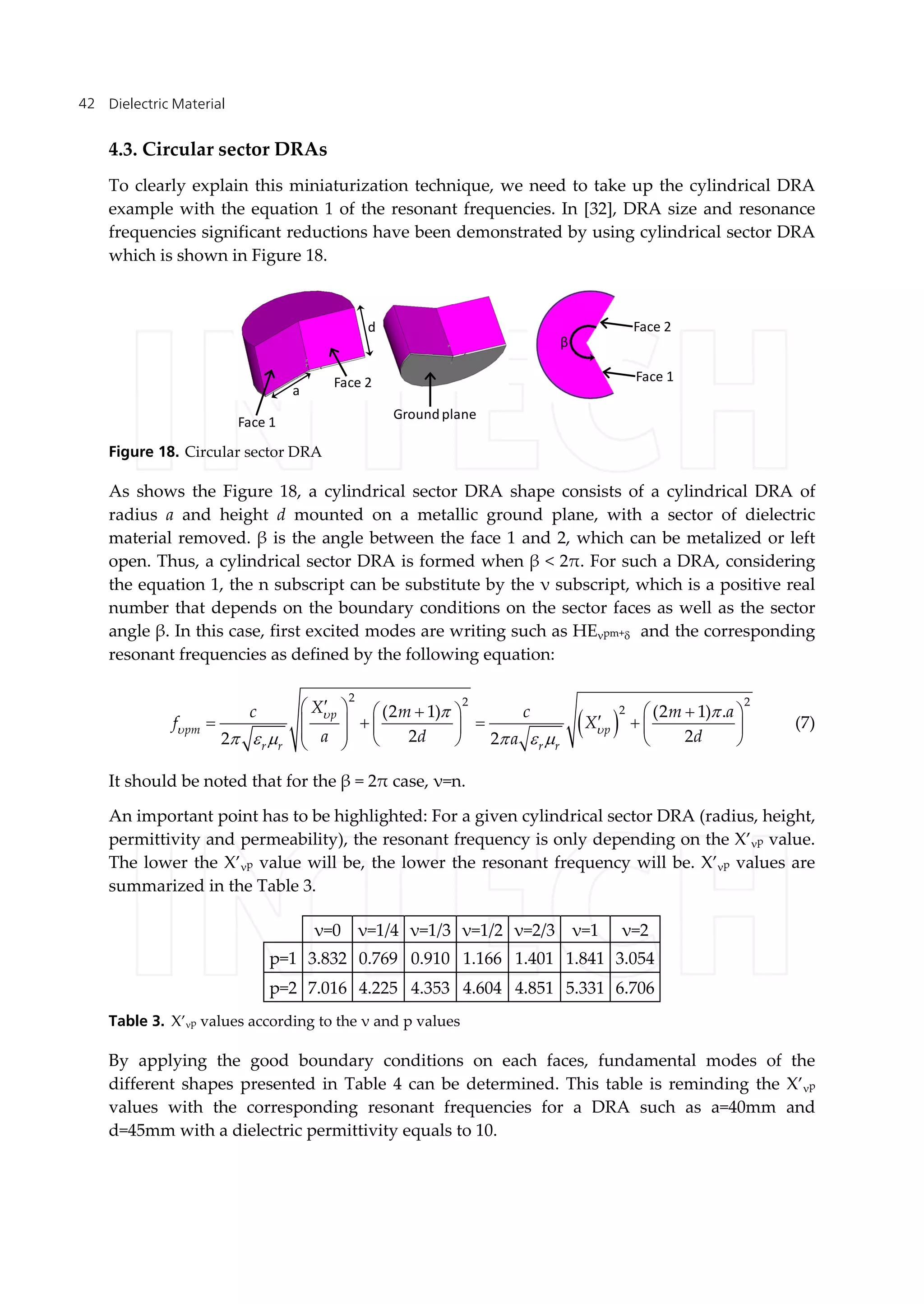 Dielectric Material42
4.3. Circular sector DRAs
To clearly explain this miniaturization technique, we need to take up the cylindrical DRA
example with the equation 1 of the resonant frequencies. In [32], DRA size and resonance
frequencies significant reductions have been demonstrated by using cylindrical sector DRA
which is shown in Figure 18.
a
Face 1
Face 2
d
Groundplane
β
Face 1
Face 2
Figure 18. Circular sector DRA
As shows the Figure 18, a cylindrical sector DRA shape consists of a cylindrical DRA of
radius a and height d mounted on a metallic ground plane, with a sector of dielectric
material removed. β is the angle between the face 1 and 2, which can be metalized or left
open. Thus, a cylindrical sector DRA is formed when β < 2π. For such a DRA, considering
the equation 1, the n subscript can be substitute by the ν subscript, which is a positive real
number that depends on the boundary conditions on the sector faces as well as the sector
angle β. In this case, first excited modes are writing such as HEpm+ and the corresponding
resonant frequencies as defined by the following equation:
 
2 2 2
2(2 1) (2 1) .
2 22 2
p
pm p
r r r r
Xc m c m a
f X
a d da

 
 
     
      
             
(7)
It should be noted that for the β = 2π case, ν=n.
An important point has to be highlighted: For a given cylindrical sector DRA (radius, height,
permittivity and permeability), the resonant frequency is only depending on the X’p value.
The lower the X’p value will be, the lower the resonant frequency will be. X’p values are
summarized in the Table 3.
ν=0 ν=1/4 ν=1/3 ν=1/2 ν=2/3 ν=1 ν=2
p=1 3.832 0.769 0.910 1.166 1.401 1.841 3.054
p=2 7.016 4.225 4.353 4.604 4.851 5.331 6.706
Table 3. X’p values according to the ν and p values
By applying the good boundary conditions on each faces, fundamental modes of the
different shapes presented in Table 4 can be determined. This table is reminding the X’p
values with the corresponding resonant frequencies for a DRA such as a=40mm and
d=45mm with a dielectric permittivity equals to 10.
 