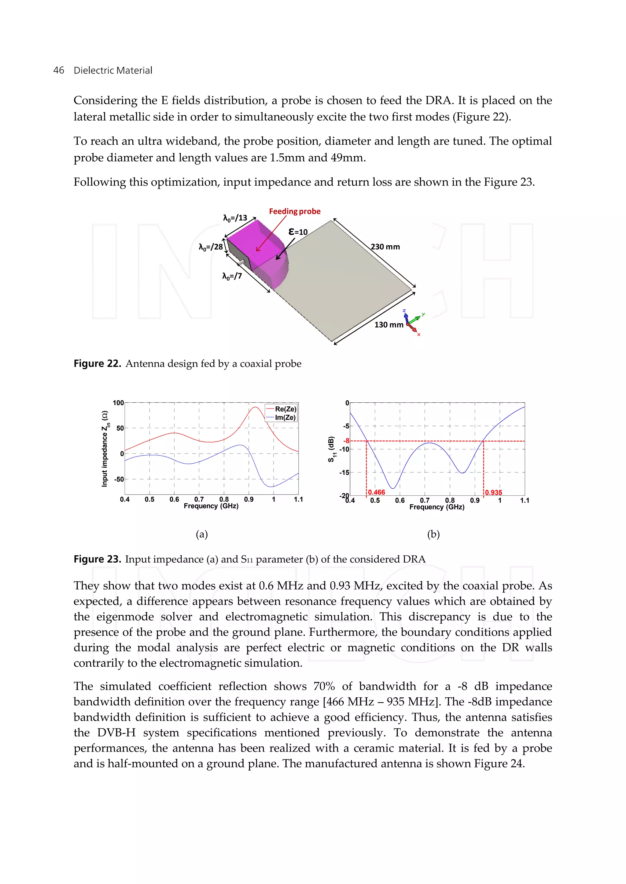 Dielectric Material46
Considering the E fields distribution, a probe is chosen to feed the DRA. It is placed on the
lateral metallic side in order to simultaneously excite the two first modes (Figure 22).
To reach an ultra wideband, the probe position, diameter and length are tuned. The optimal
probe diameter and length values are 1.5mm and 49mm.
Following this optimization, input impedance and return loss are shown in the Figure 23.
λ0=/13
λ0=/7
λ0=/28 230 mm
130 mm
Feeding probe
ε=10
Figure 22. Antenna design fed by a coaxial probe
Figure 23. Input impedance (a) and S11 parameter (b) of the considered DRA
They show that two modes exist at 0.6 MHz and 0.93 MHz, excited by the coaxial probe. As
expected, a difference appears between resonance frequency values which are obtained by
the eigenmode solver and electromagnetic simulation. This discrepancy is due to the
presence of the probe and the ground plane. Furthermore, the boundary conditions applied
during the modal analysis are perfect electric or magnetic conditions on the DR walls
contrarily to the electromagnetic simulation.
The simulated coefficient reflection shows 70% of bandwidth for a -8 dB impedance
bandwidth definition over the frequency range [466 MHz – 935 MHz]. The -8dB impedance
bandwidth definition is sufficient to achieve a good efficiency. Thus, the antenna satisfies
the DVB-H system specifications mentioned previously. To demonstrate the antenna
performances, the antenna has been realized with a ceramic material. It is fed by a probe
and is half-mounted on a ground plane. The manufactured antenna is shown Figure 24.
(a) (b)
0.4 0.5 0.6 0.7 0.8 0.9 1 1.1
-50
0
50
100
Frequency (GHz)
InputimpedanceZin
()
Re(Ze)
Im(Ze)
0.4 0.5 0.6 0.7 0.8 0.9 1 1.1
-20
-15
-10
-5
0
Frequency (GHz)
S11
(dB)
0.9350.466
-8
 