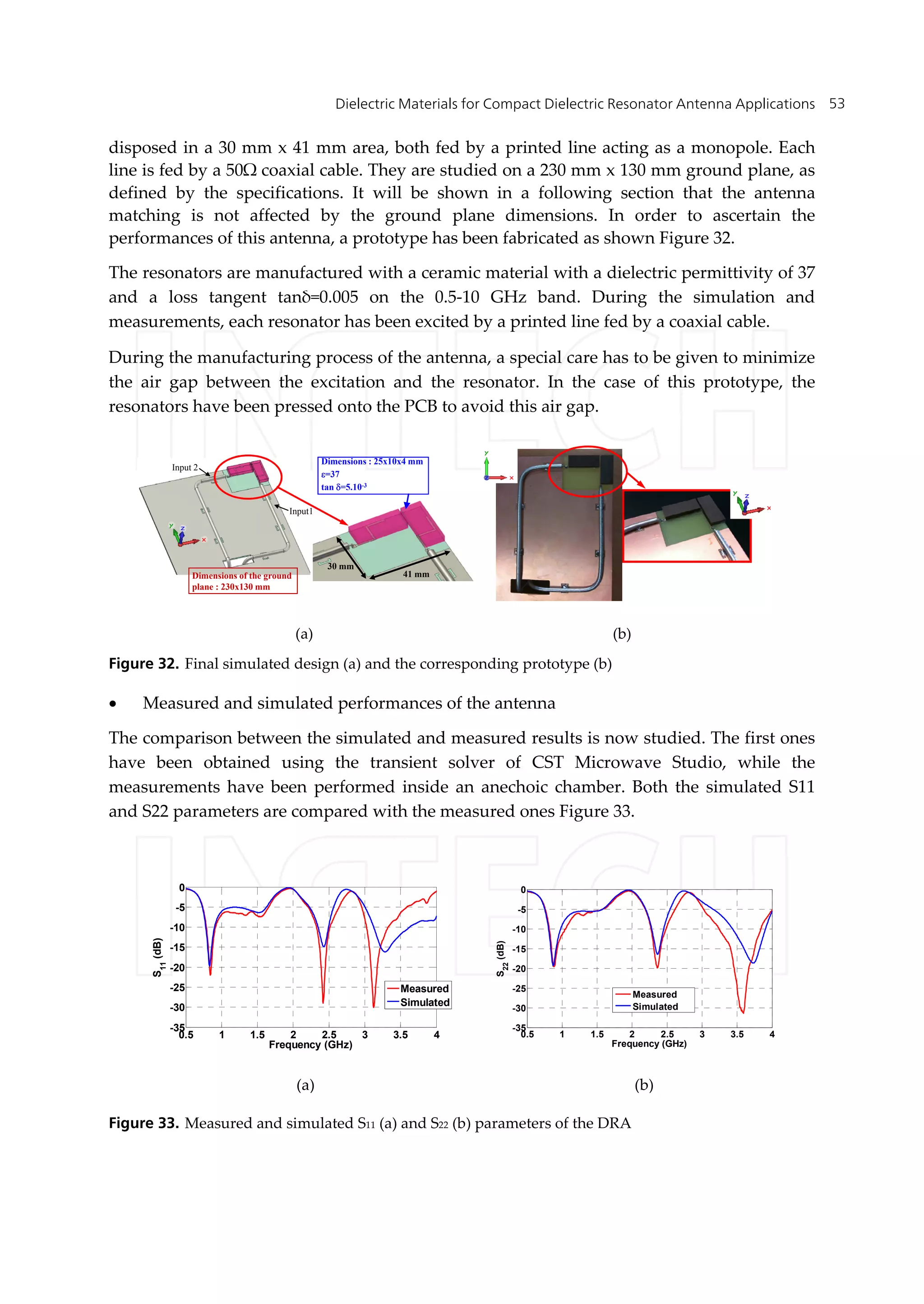 Dielectric Materials for Compact Dielectric Resonator Antenna Applications 53
disposed in a 30 mm x 41 mm area, both fed by a printed line acting as a monopole. Each
line is fed by a 50Ω coaxial cable. They are studied on a 230 mm x 130 mm ground plane, as
defined by the specifications. It will be shown in a following section that the antenna
matching is not affected by the ground plane dimensions. In order to ascertain the
performances of this antenna, a prototype has been fabricated as shown Figure 32.
The resonators are manufactured with a ceramic material with a dielectric permittivity of 37
and a loss tangent tanδ=0.005 on the 0.5-10 GHz band. During the simulation and
measurements, each resonator has been excited by a printed line fed by a coaxial cable.
During the manufacturing process of the antenna, a special care has to be given to minimize
the air gap between the excitation and the resonator. In the case of this prototype, the
resonators have been pressed onto the PCB to avoid this air gap.
(a) (b)
Input1
Input 2
Dimensions of the ground
plane : 230x130 mm
41 mm
30 mm
Dimensions : 25x10x4 mm
=37
tan =5.10-3
Figure 32. Final simulated design (a) and the corresponding prototype (b)
 Measured and simulated performances of the antenna
The comparison between the simulated and measured results is now studied. The first ones
have been obtained using the transient solver of CST Microwave Studio, while the
measurements have been performed inside an anechoic chamber. Both the simulated S11
and S22 parameters are compared with the measured ones Figure 33.
Figure 33. Measured and simulated S11 (a) and S22 (b) parameters of the DRA
(a) (b)
0.5 1 1.5 2 2.5 3 3.5 4
-35
-30
-25
-20
-15
-10
-5
0
Frequency (GHz)
S11
(dB)
Measured
Simulated
0.5 1 1.5 2 2.5 3 3.5 4
-35
-30
-25
-20
-15
-10
-5
0
Frequency (GHz)
S22
(dB)
Measured
Simulated
 