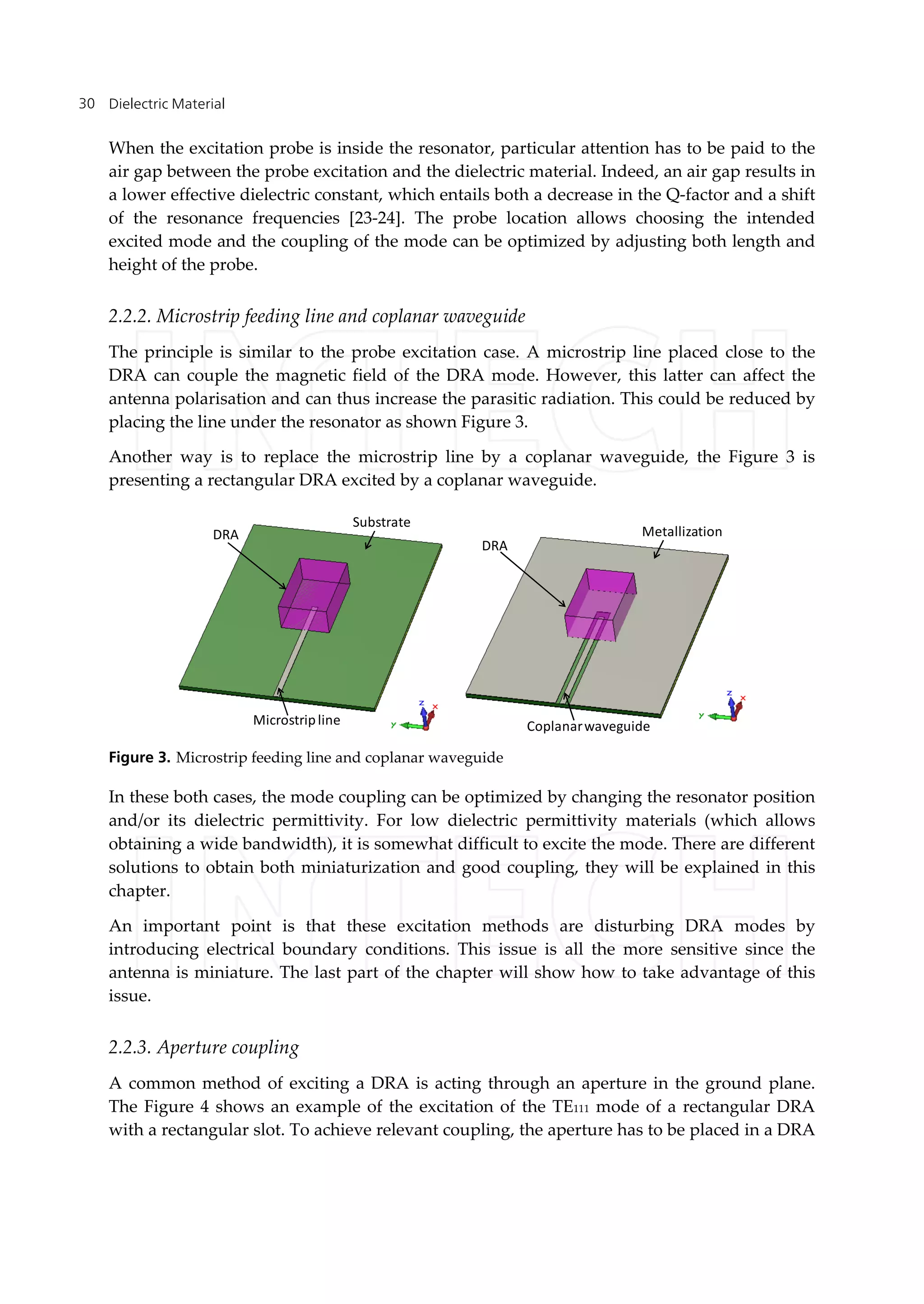 Dielectric Material30
When the excitation probe is inside the resonator, particular attention has to be paid to the
air gap between the probe excitation and the dielectric material. Indeed, an air gap results in
a lower effective dielectric constant, which entails both a decrease in the Q-factor and a shift
of the resonance frequencies [23-24]. The probe location allows choosing the intended
excited mode and the coupling of the mode can be optimized by adjusting both length and
height of the probe.
2.2.2. Microstrip feeding line and coplanar waveguide
The principle is similar to the probe excitation case. A microstrip line placed close to the
DRA can couple the magnetic field of the DRA mode. However, this latter can affect the
antenna polarisation and can thus increase the parasitic radiation. This could be reduced by
placing the line under the resonator as shown Figure 3.
Another way is to replace the microstrip line by a coplanar waveguide, the Figure 3 is
presenting a rectangular DRA excited by a coplanar waveguide.
Metallization
DRA
Coplanarwaveguide
Substrate
DRA
Microstripline
Figure 3. Microstrip feeding line and coplanar waveguide
In these both cases, the mode coupling can be optimized by changing the resonator position
and/or its dielectric permittivity. For low dielectric permittivity materials (which allows
obtaining a wide bandwidth), it is somewhat difficult to excite the mode. There are different
solutions to obtain both miniaturization and good coupling, they will be explained in this
chapter.
An important point is that these excitation methods are disturbing DRA modes by
introducing electrical boundary conditions. This issue is all the more sensitive since the
antenna is miniature. The last part of the chapter will show how to take advantage of this
issue.
2.2.3. Aperture coupling
A common method of exciting a DRA is acting through an aperture in the ground plane.
The Figure 4 shows an example of the excitation of the TE111 mode of a rectangular DRA
with a rectangular slot. To achieve relevant coupling, the aperture has to be placed in a DRA
 