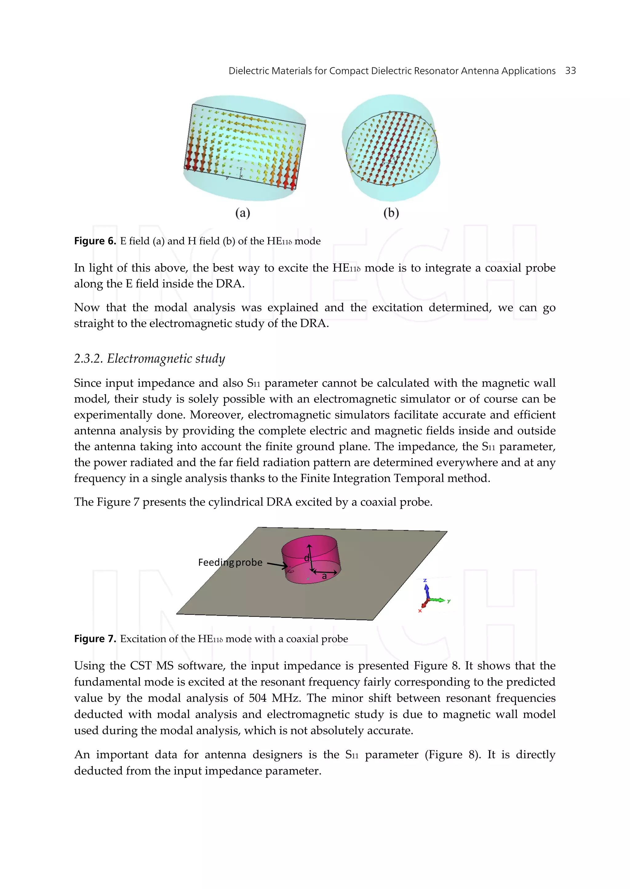 Dielectric Materials for Compact Dielectric Resonator Antenna Applications 33
Figure 6. E field (a) and H field (b) of the HE11δ mode
In light of this above, the best way to excite the HE11δ mode is to integrate a coaxial probe
along the E field inside the DRA.
Now that the modal analysis was explained and the excitation determined, we can go
straight to the electromagnetic study of the DRA.
2.3.2. Electromagnetic study
Since input impedance and also S11 parameter cannot be calculated with the magnetic wall
model, their study is solely possible with an electromagnetic simulator or of course can be
experimentally done. Moreover, electromagnetic simulators facilitate accurate and efficient
antenna analysis by providing the complete electric and magnetic fields inside and outside
the antenna taking into account the finite ground plane. The impedance, the S11 parameter,
the power radiated and the far field radiation pattern are determined everywhere and at any
frequency in a single analysis thanks to the Finite Integration Temporal method.
The Figure 7 presents the cylindrical DRA excited by a coaxial probe.
d
a
Feedingprobe
Figure 7. Excitation of the HE11δ mode with a coaxial probe
Using the CST MS software, the input impedance is presented Figure 8. It shows that the
fundamental mode is excited at the resonant frequency fairly corresponding to the predicted
value by the modal analysis of 504 MHz. The minor shift between resonant frequencies
deducted with modal analysis and electromagnetic study is due to magnetic wall model
used during the modal analysis, which is not absolutely accurate.
An important data for antenna designers is the S11 parameter (Figure 8). It is directly
deducted from the input impedance parameter.
 