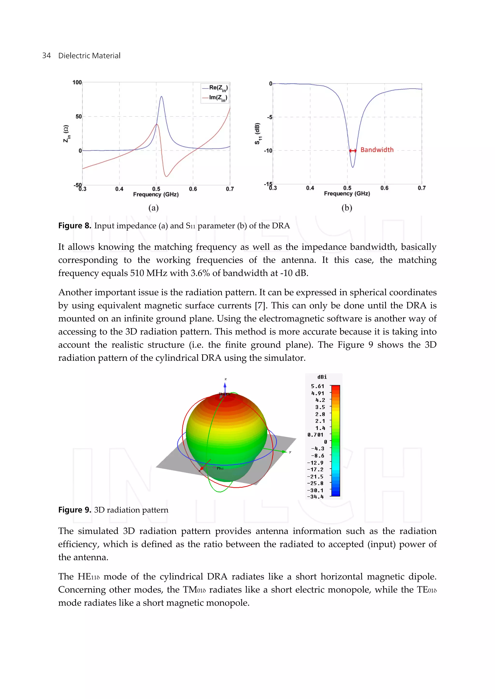 Dielectric Material34
Figure 8. Input impedance (a) and S11 parameter (b) of the DRA
It allows knowing the matching frequency as well as the impedance bandwidth, basically
corresponding to the working frequencies of the antenna. It this case, the matching
frequency equals 510 MHz with 3.6% of bandwidth at -10 dB.
Another important issue is the radiation pattern. It can be expressed in spherical coordinates
by using equivalent magnetic surface currents [7]. This can only be done until the DRA is
mounted on an infinite ground plane. Using the electromagnetic software is another way of
accessing to the 3D radiation pattern. This method is more accurate because it is taking into
account the realistic structure (i.e. the finite ground plane). The Figure 9 shows the 3D
radiation pattern of the cylindrical DRA using the simulator.
Figure 9. 3D radiation pattern
The simulated 3D radiation pattern provides antenna information such as the radiation
efficiency, which is defined as the ratio between the radiated to accepted (input) power of
the antenna.
The HE11δ mode of the cylindrical DRA radiates like a short horizontal magnetic dipole.
Concerning other modes, the TM01δ radiates like a short electric monopole, while the TE01δ
mode radiates like a short magnetic monopole.
 