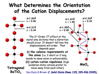 WWhhaatt DDeetteerrmmiinneess tthhee OOrriieennttaattiioonn 
ooff tthhee CCaattiioonn DDiissppllaacceemmeennttss?? 
TTeettrraaggoonnaall 
BBaaTTiiOO3 
dd==11..883ÅÅ 
ss == 00..9966 
dd==22..2211ÅÅ 
ss == 00..344 
MMooOO3 
dd==11..6677ÅÅ 
ss == 11..9900 
dd==22..33ÅÅ 
ss == 00..322 
dd==11..9955ÅÅ 
ss == 00..9900 
TThhee 22nndd OOrrddeerr JJTT eeffffeecctt aatt tthhee 
mmeettaall oonnllyy ddiiccttaatteess tthhaatt aa ddiissttoorrttiioonn 
sshhoouulldd ooccccuurr.. IItt ddooeessnn’’tt tteellll hhooww tthhee 
ddiissppllaacceemmeennttss wwiillll oorrddeerr.. TThhaatt 
ddeeppeennddss uuppoonn:: 
((ii)) tthhee vvaalleennccee rreeqquuiirreemmeennttss aatt 
tthhee aanniioonn ((ii..ee.. 22 sshhoorrtt oorr 22 lloonngg 
bboonnddss ttoo ssaammee aanniioonn iiss uunnffaavvoorraabbllee)),, 
((iiii)) ccaattiioonn--ccaattiioonn rreeppuullssiioonnss ((hhiigghh 
ooxxiiddaattiioonn ssttaattee ccaattiioonnss pprreeffeerr ttoo 
mmoovvee aawwaayy ffrroomm eeaacchh ootthheerr)) 
See Kunz & Brown JJ.. SSoolliidd SSttaattee CChheemm.. 111155,, 339955--440066 ((11999955)).. 
 