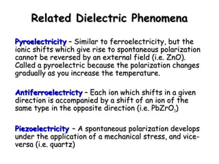 RReellaatteedd DDiieelleeccttrriicc PPhheennoommeennaa 
PPyyrrooeelleeccttrriicciittyy –– SSiimmiillaarr ttoo ffeerrrrooeelleeccttrriicciittyy,, bbuutt tthhee 
iioonniicc sshhiiffttss wwhhiicchh ggiivvee rriissee ttoo ssppoonnttaanneeoouuss ppoollaarriizzaattiioonn 
ccaannnnoott bbee rreevveerrsseedd bbyy aann eexxtteerrnnaall ffiieelldd ((ii..ee.. ZZnnOO)).. 
CCaalllleedd aa ppyyrrooeelleeccttrriicc bbeeccaauussee tthhee ppoollaarriizzaattiioonn cchhaannggeess 
ggrraadduuaallllyy aass yyoouu iinnccrreeaassee tthhee tteemmppeerraattuurree.. 
AAnnttiiffeerrrrooeelleeccttrriiccttyy –– EEaacchh iioonn wwhhiicchh sshhiiffttss iinn aa ggiivveenn 
ddiirreeccttiioonn iiss aaccccoommppaanniieedd bbyy aa sshhiifftt ooff aann iioonn ooff tthhee 
ssaammee ttyyppee iinn tthhee ooppppoossiittee ddiirreeccttiioonn ((ii..ee.. PPbbZZrrOO33)) 
PPiieezzooeelleeccttrriicciittyy –– AA ssppoonnttaanneeoouuss ppoollaarriizzaattiioonn ddeevveellooppss 
uunnddeerr tthhee aapppplliiccaattiioonn ooff aa mmeecchhaanniiccaall ssttrreessss,, aanndd vviiccee-- 
vveerrssaa ((ii..ee.. qquuaarrttzz)) 
 