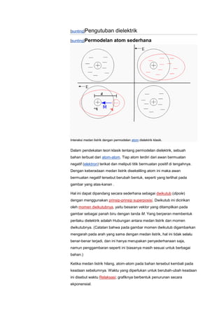 [sunting]Pengutuban             dielektrik
[sunting]Permodelan           atom sederhana




Interaksi medan listrik dengan permodelan atom dielektrik klasik.


Dalam pendekatan teori klasik tentang permodelan dielektrik, sebuah
bahan terbuat dari atom-atom. Tiap atom terdiri dari awan bermuatan
negatif (elektron) terikat dan meliputi titik bermuatan positif di tengahnya.
Dengan keberadaan medan listrik disekeliling atom ini maka awan
bermuatan negatif tersebut berubah bentuk, seperti yang terlihat pada
gambar yang atas-kanan .

Hal ini dapat dipandang secara sederhana sebagai dwikutub (dipole)
dengan menggunakan prinsip-prinsip superposisi. Dwikutub ini dicirikan
oleh momen dwikutubnya, yaitu besaran vektor yang ditampilkan pada
gambar sebagai panah biru dengan tanda M. Yang berperan membentuk
perilaku dielektrik adalah Hubungan antara medan listrik dan momen
dwikutubnya. (Catatan bahwa pada gambar momen dwikutub digambarkan
mengarah pada arah yang sama dengan medan listrik, hal ini tidak selalu
benar-benar terjadi, dan ini hanya merupakan penyederhanaan saja,
namun penggambaran seperti ini biasanya masih sesuai untuk berbagai
bahan.)

Ketika medan listrik hilang, atom-atom pada bahan tersebut kembali pada
keadaan sebelumnya. Waktu yang diperlukan untuk berubah-ubah keadaan
ini disebut waktu Relaksasi; grafiknya berbentuk penurunan secara
ekponensial.
 