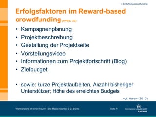 Erfolgsfaktoren im Reward-based
crowdfunding(n=85; 33)
•  Kampagnenplanung
•  Projektbeschreibung
•  Gestaltung der Projektseite
•  Vorstellungsvideo
•  Informationen zum Projektfortschritt (Blog)
•  Zielbudget
•  sowie: kurze Projektlaufzeiten, Anzahl bisheriger
Unterstützer; Höhe des erreichten Budgets
Wie finanziere ich einen Traum? | Die Masse machts | © D. Brüntje
vgl. Harzer (2013)
Seite 11
1. Einführung Crowdfunding
 