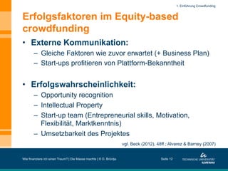 Erfolgsfaktoren im Equity-based
crowdfunding
•  Externe Kommunikation:
–  Gleiche Faktoren wie zuvor erwartet (+ Business Plan)
–  Start-ups profitieren von Plattform-Bekanntheit
•  Erfolgswahrscheinlichkeit:
–  Opportunity recognition
–  Intellectual Property
–  Start-up team (Entrepreneurial skills, Motivation,
Flexibilität, Marktkenntnis)
–  Umsetzbarkeit des Projektes
Wie finanziere ich einen Traum? | Die Masse machts | © D. Brüntje
vgl. Beck (2012), 48ff.; Alvarez & Barney (2007)
Seite 12
1. Einführung Crowdfunding
 