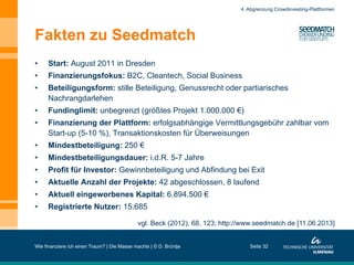 Fakten zu Seedmatch
•  Start: August 2011 in Dresden
•  Finanzierungsfokus: B2C, Cleantech, Social Business
•  Beteiligungsform: stille Beteiligung oder partiarisches Nachrangdarlehen
•  Fundinglimit: unbegrenzt (größtes Projekt 1.000.000 €)
•  Finanzierung der Plattform: erfolgsabhängige Vermittlungsgebühr zahlbar vom
Start-up (5-10 %)
•  Mindestbeteiligung: 250 €
•  Mindestbeteiligungsdauer: i.d.R. 5-7 Jahre
•  Profit für Investor: Gewinnbeteiligung und Abfindung bei Exit
•  Aktuelle Anzahl der Projekte: 42 abgeschlossen, 8 laufend
•  Aktuell eingeworbenes Kapital: 6.894.500 €
•  Registrierte Nutzer: 15.685
Wie finanziere ich einen Traum? | Die Masse machts | © D. Brüntje Seite 32
4. Abgrenzung Crowdinvesting-Plattformen
vgl. Beck (2012), 68, 123; http://www.seedmatch.de [11.06.2013]
 