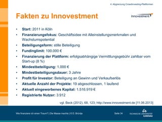 Fakten zu Innovestment
•  Start: 2011 in Köln
•  Finanzierungsfokus: Geschäftsidee mit Alleinstellungsmerkmalen und
Wachstumspotential
•  Beteiligungsform: stille Beteiligung
•  Fundinglimit: 100.000 €
•  Finanzierung der Plattform: erfolgsabhängige Vermittlungsgebühr zahlbar vom
Start-up (8 %)
•  Mindestbeteiligung: 1.000 €
•  Mindestbeteiligungsdauer: 3 Jahre
•  Profit für Investor: Beteiligung an Gewinn und Verkaufserlös
•  Aktuelle Anzahl der Projekte: 19 abgeschlossen, 1 laufend
•  Aktuell eingeworbenes Kapital: 1.516.919 €
•  Registrierte Nutzer: 3.912
Wie finanziere ich einen Traum? | Die Masse machts | © D. Brüntje Seite 34
4. Abgrenzung Crowdinvesting-Plattformen
vgl. Beck (2012), 68, 123; http://www.innovestment.de [11.06.2013]
 