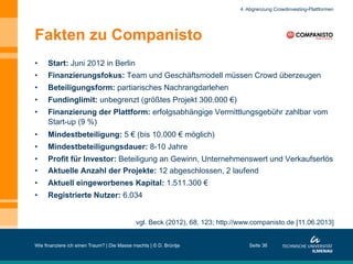 Fakten zu Companisto
•  Start: Juni 2012 in Berlin
•  Finanzierungsfokus: Team und Geschäftsmodell müssen Crowd überzeugen
•  Beteiligungsform: partiarisches Nachrangdarlehen
•  Fundinglimit: unbegrenzt (größtes Projekt 300.000 €)
•  Finanzierung der Plattform: erfolgsabhängige Vermittlungsgebühr zahlbar vom
Start-up (9 %)
•  Mindestbeteiligung: 5 € (bis 10.000 € möglich)
•  Mindestbeteiligungsdauer: 8-10 Jahre
•  Profit für Investor: Beteiligung an Gewinn, Unternehmenswert und Verkaufserlös
•  Aktuelle Anzahl der Projekte: 12 abgeschlossen, 2 laufend
•  Aktuell eingeworbenes Kapital: 1.511.300 €
•  Registrierte Nutzer: 6.034
Wie finanziere ich einen Traum? | Die Masse machts | © D. Brüntje Seite 36
4. Abgrenzung Crowdinvesting-Plattformen
vgl. Beck (2012), 68, 123; http://www.companisto.de [11.06.2013]
 