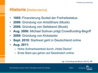 Historie [Meilensteine]
•  1885: Finanzierung Sockel der Freiheitsstatue
•  2000: Gründung von ArtistShare (Musik)
•  2006: Gründung von Sellaband (Musik)
•  Aug. 2006: Michael Sullivan prägt Crowdfunding-Begriff
•  2009: Gründung von Kickstarter
•  Sept. 2010: Startnext geht in Deutschland online
•  Aug. 2011:
–  Hohe Aufmerksamkeit durch „Hotel Desire“
–  Erste Start-ups gehen auf Seedmatch online
Wie finanziere ich einen Traum? | Die Masse machts | © D. Brüntje Seite 4
vgl. co:funding handbuch (2012), 8ff.
1. Einführung Crowdfunding
 