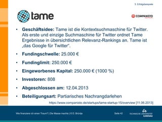 Wie finanziere ich einen Traum? | Die Masse machts | © D. Brüntje Seite 42
https://www.companisto.de/startups/tame-startup-15/overview [11.06.2013]
5. Erfolgsbeispiele
•  Geschäftsidee: Tame ist die Kontextsuchmaschine für Twitter.
Als erste und einzige Suchmaschine für Twitter ordnet Tame
Ergebnisse in übersichtlichen Relevanz-Rankings an. Tame ist
„das Google für Twitter“.
•  Fundingschwelle: 25.000 €
•  Fundinglimit: 250.000 €
•  Eingeworbenes Kapital: 250.000 € (1000 %)
•  Investoren: 808
•  Abgeschlossen am: 12.04.2013
•  Beteiligungsart: Partiarisches Nachrangdarlehen
 