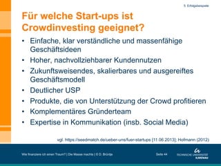Für welche Start-ups ist
Crowdinvesting geeignet?
•  Einfache, klar verständliche und massenfähige
Geschäftsideen
•  Hoher, nachvollziehbarer Kundennutzen
•  Zukunftsweisendes, skalierbares und ausgereiftes
Geschäftsmodell
•  Deutlicher USP
•  Produkte, die von Unterstützung der Crowd profitieren
•  Komplementäres Gründerteam
•  Expertise in Kommunikation (insb. Social Media)
Wie finanziere ich einen Traum? | Die Masse machts | © D. Brüntje Seite 44
5. Erfolgsbeispiele
vgl. https://seedmatch.de/ueber-uns/fuer-startups [11.06.2013]; Hofmann (2012)
 