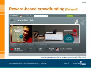 Reward-based crowdfunding [Beispiel]
Wie finanziere ich einen Traum? | Die Masse machts | © D. Brüntje Seite 49
http://www.startnext.de/hartz-iv-moebel-buch [12.04.2013]
Backup
 