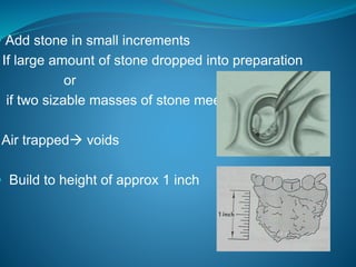  Add stone in small increments
If large amount of stone dropped into preparation
or
if two sizable masses of stone meet
Air trapped voids
 Build to height of approx 1 inch
 
