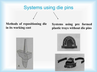 Systems using die pins
Methods of repositioning die
in its working cast
Systems using pre formed
plastic trays without die pins
 