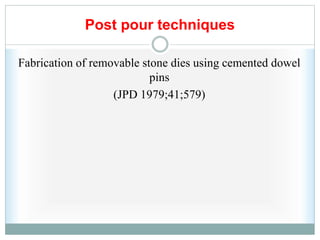 Post pour techniques
Fabrication of removable stone dies using cemented dowel
pins
(JPD 1979;41;579)
 