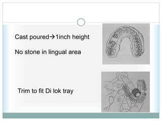 Cast poured1inch height
No stone in lingual area
Trim to fit Di lok tray
 