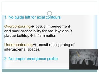 1. No guide left for axial contours
Overcontouring tissue impengement
and poor accessibility for oral hygiene
plaque buildup Inflammation
Undercontouring unesthetic opening of
interproximal spaces
2. No proper emergence profile
 