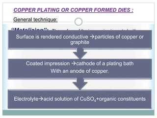 “Metalizing”:- The surface of the impression is coated with a
conductor of electricity such as graphite, copper powder or silver
before it is attached to the cathode lead wire.
COPPER PLATING OR COPPER FORMED DIES :
General technique:
Electrolyteacid solution of CuSO4+organic constituents
Coated impression cathode of a plating bath
With an anode of copper.
Surface is rendered conductive particles of copper or
graphite
 