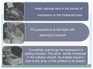 Insert cathode wire in the border of
impression in the metalized area
Fill preparations & the teeth with
electrolytic solution
Completely submerge the impression in
plating solution. The silver anode immersed
in the solution should be at least equal in
size to the area of the surface to be plated.
 