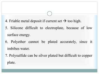 4. Friable metal deposit if current set  too high.
5. Silicone difficult to electroplate, because of low
surface energy.
6. Polyether cannot be plated accurately, since it
imbibes water.
7. Polysulfide can be silver plated but difficult to copper
plate.
 
