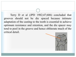 Terry D et al (JPD 1982;47;606) concluded that
grooves should not be die spaced because intimate
adaptation of the casting to the tooth is essential to achieve
optimum resistance and retention, and the die spacer may
tend to pool in the groove and hence obliterate much of the
critical detail.
 