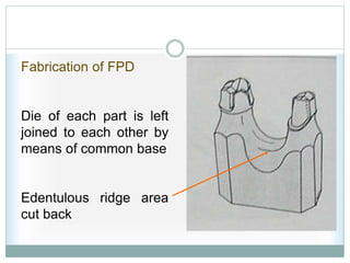 Fabrication of FPD
Die of each part is left
joined to each other by
means of common base
Edentulous ridge area
cut back
 