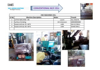 DIE & MOULD SOLUTIONS
The Digital ToolThe Digital ToolThe Digital ToolThe Digital Tool RoomRoomRoomRoom
CONVENTIONAL M/C CELL
Sr No Make Travels
1 Laxmi Dia 250x70
2 UK-Johanson 600X400X400
3 LKM DIA 32 DRILL
4 LKM DIA40 DRILLRadial drill dia 40- MT4
CNC MACHINES CELL
Machine Description
LATHE MACHINE- 4ft
Surface Grinding
Radial drill dia 32- MT3
 