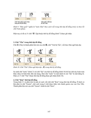 147
Hình 9: Hàn qu c nghĩa là nư c Hàn theo cách vi t trong th i ñ i ñ ñ ng (trái) và theo l i
ch Tri n (ph i).
Hi n nay có t t c 31 ch 邑 ( p) thu c th i kỳ ñ ñ ng (hình 7) ñư c ghi nh n.
3. Ch T u trong th i ñ i ñ ñ ng
Ch 走 (T u) là thành ph n bên trái c a ch 越, ch Vi t b T u, vi t theo Hán ng hi n ñ i.
Hình 10: Ch T u (Hán ng hi n ñ i: 走) trong th i kỳ ñ ñ ng.
So sánh ch nư c (hình 7) v i ch t u c a th i kỳ ñ ñ ng (hình 10) thì hai ch này hoàn toàn
khác nhau t hình th c ñ n n i dung. Hơn n a nư c là m t danh t còn t u là m t ñ ng t .
Hi n có 17 ch T u thu c th i ñ i ñ ñ ng ñư c ghi nh n (hình 10).
4. Ch Kim th i ñ i ñ ñ ng
Trong hình 11 và phía trên là m t s cách vi t ch ch Kim trong th i ñ i ñ ñ ng. dư i và
bên ph i là ch Gươm, ch cu i trong 8 ch ñư c kh c trên thanh gươm c a vua Câu Ti n.
Thành ph n bên trái c a ch Gươm chính là ch Kim.
 