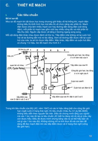19 
C. THIẾT KẾ MẠCH 
I. 
Các tiêu chuẩn 
Bố trí sơđồ 
Như sơđồmạch khí đã đượchọctrongchương giớithiệuvề hệ thống khí, mạch điện không biểuthị khốihìnhhọcmàbiểuthị về chứcnăng các phầntử. Mạch điện được chia làm nhiềumạch con hay đường dẫndòngđiện(cột dòng điện), mỗiphầntử mạch bao gồmmột hay nhiềucôngtắcvàmộtphầntử tiêu thụ (tải). Nguồncấp đượcvẽ bằng 2 đường ngang song song. 
Mỗicộtdòngđiện khác nhau được đánh số thứ tự. Tiếp điểmrơle không vẽ tạicuộnhút mà vẽ tại đường dẫnmànótácđộng. Xem sốđường dẫn đượcviếttạicuộn hút củarơle, ta sẽ tìm đượctiếp điểm. Mặc khác, tiếp điểmvàcuộnhútđiều có chung 1 kí hiệu. Sơđồmạch như hình 4.1 
Trong khi tiêu chuẩncủaMỹ (JIC, năm 1947) có các kí hiệu riêng biệtchocôngtắcgiới hạn(ngắtcuối) ở trạng thái nghỉ, thì tiêu chuẩnChâuÂu(Vídụ BS 3939) không biểudiễntheonguyêntắc trên. Điều đóchứng minh rằng con người mà vào 1 lúc nào đótạoratiêuchuẩn JIC biếthọđang nói về cái gì (câu này còn đượchiểu: Điều đó đượcminhchứng bằng việctacóthể hiểubảnvẽ nói gì vào 1 lúc nào đó). Không những chỉ ra tính thựctế mà còn làm dễ dàng để đọcmạch điện khi các tiếp điểm đượcvẽởtrạng thái nghỉ (công tắcgiớihạn).  