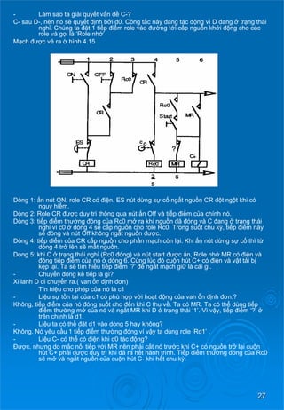 27 
- Làm sao ta giải quyếtvấn đề C-? 
C-sauD-, nênnósẽ quyết định bởi d0. Công tắc này đang tác động vì D đang ở trạng thái nghỉ. Chúng ta đặt 1 tiếp điểm role vào đường tớicấpnguồnkhởi động cho các role và gọi là ‘Role nhớ’ 
Mạch đượcvẽ ra ờ hình 4.15 
Dòng 1: ấn nút ON, role CR có điện. ES nút dừng sự cố ngắtnguồn CR độtngộtkhicó nguy hiểm. 
Dòng 2: Role CR được duy trì thông qua nút ấn Off và tiếp điểmcủa chính nó. 
Dòng 3: tiếp điểmthường đóng củaRc0 mở ra khi nguồn đã đóng và C đang ở trạng thái nghỉ vì c0 ở dòng 4 sẽ cấpnguồn cho role Rc0. Trong suốtchukỳ, tiếp điểm này sẽđóng và nút Off không ngắtnguồn được. 
Dòng 4: tiếp điểmcủa CR cấp nguồn cho phầnmạch còn lại. Khi ấnnútdừng sự cố thì từ dòng 4 trở lên sẽ mấtnguồn. 
Dong 5: khi C ở trạng thái nghỉ (Rc0 đóng) và nút start được ấn, Role nhớ MR có điệnvà đóng tiếp điểmcủanóở dòng 6. Cùng lúc đócuộnhútC+ cóđiệnvàvậttải bị kẹplại. Ta sẽ tìm hiểutiếp điểm‘?’để ngắtmạch giữ là cái gì. 
- Chuyển động kế tiếplàgì? 
Xi lanh D di chuyển ra.( van ổn định đơn) 
Tín hiệu cho phép củanólàc1 
- Li 
ệusự tồntạicủa c1 có phù hợpvớihoạt động củavan ổn định đơn.? 
Không, tiếp điểmcủanóđóng suốtchođếnkhiC thuvề. Ta có MR. Ta có thể dùng tiếp điểmthường mở củanóvàngắt MR khi D ở trạng thái ‘1’. Vì vậy, tiếp điểm‘?’ở trên chính là d1. 
- Li 
ệutacóthểđặt d1 vào dòng 5 hay không? 
Không. Nó yêu cầu 1 tiếp điểmthường đóng ví vậy ta dùng role ‘Rd1’ . 
- Li 
ệuC-cóthể có điện khi d0 tác động? 
Được. nhưng do mắcnốitiếpvớiMR nênphảicắtnótrước khi C+ có nguồntrở lạicuộn hút C+ phải được duy trì khi đãrahết hành trình. Tiếp điểmthường đóng của Rc0 sẽ mở và ngắtnguồncủacuộnhútC-khihếtchukỳ.  