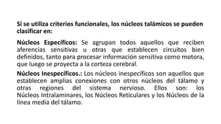 Si se utiliza criterios funcionales, los núcleos talámicos se pueden
clasificar en:
Núcleos Específicos: Se agrupan todos aquellos que reciben
aferencias sensitivas u otras que establecen circuitos bien
definidos, tanto para procesar información sensitiva como motora,
que luego se proyecta a la corteza cerebral.
Núcleos Inespecíficos.: Los núcleos inespecíficos son aquellos que
establecen amplias conexiones con otros núcleos del tálamo y
otras regiones del sistema nervioso. Ellos son: los
Núcleos Intralaminares, los Núcleos Reticulares y los Núcleos de la
línea media del tálamo.
 