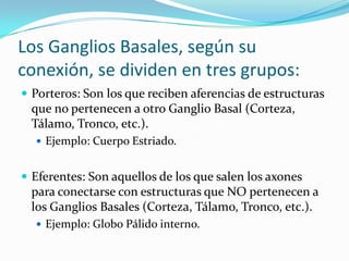 Los Ganglios Basales, según su
conexión, se dividen en tres grupos:
 Porteros: Son los que reciben aferencias de estructuras
que no pertenecen a otro Ganglio Basal (Corteza,
Tálamo, Tronco, etc.).
 Ejemplo: Cuerpo Estriado.
 Eferentes: Son aquellos de los que salen los axones
para conectarse con estructuras que NO pertenecen a
los Ganglios Basales (Corteza, Tálamo, Tronco, etc.).
 Ejemplo: Globo Pálido interno.
 