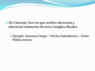  De Cabotaje: Son los que reciben aferencias y
eferencias solamente de otros Ganglios Basales.
 Ejemplo: Sustancia Negra – Núcleo Subtalámico – Globo
Pálido externo.
 