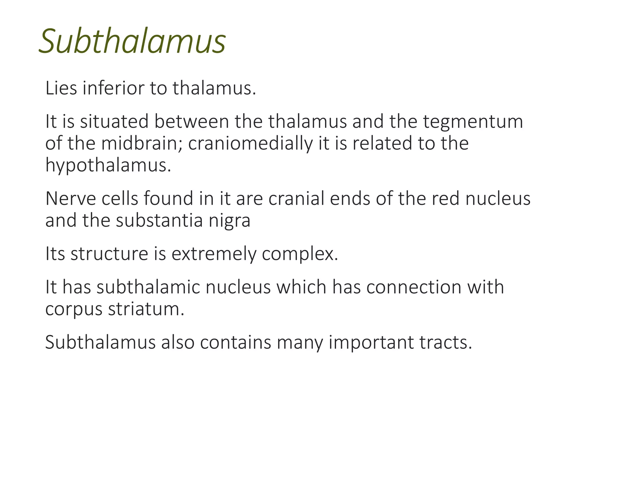 Subthalamus
Lies inferior to thalamus.
It is situated between the thalamus and the tegmentum
of the midbrain; craniomedially it is related to the
hypothalamus.
Nerve cells found in it are cranial ends of the red nucleus
and the substantia nigra
Its structure is extremely complex.
It has subthalamic nucleus which has connection with
corpus striatum.
Subthalamus also contains many important tracts.
 