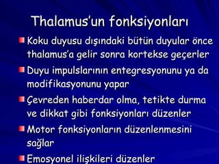 Thalamus’un fonksiyonları Koku duyusu dışındaki bütün duyular önce thalamus’a gelir sonra kortekse geçerler Duyu impulslarının entegresyonunu ya da modifikasyonunu yapar Çevreden haberdar olma, tetikte durma ve dikkat gibi fonksiyonları düzenler Motor fonksiyonların düzenlenmesini sağlar Emosyonel ilişkileri düzenler 