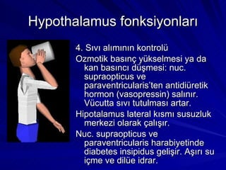 Hypothalamus fonksiyonları 4. Sıvı alımının kontrolü Ozmotik basınç yükselmesi ya da kan basıncı düşmesi: nuc. supraopticus ve paraventricularis’ten antidiüretik hormon (vasopressin) salınır. Vücutta sıvı tutulması artar. Hipotalamus lateral kısmı susuzluk merkezi olarak çalışır. Nuc. supraopticus ve paraventricularis harabiyetinde diabetes insipidus gelişir. Aşırı su içme ve dilüe idrar. 