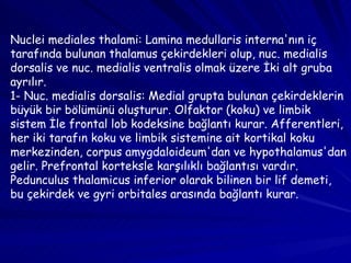 Nuclei mediales thalami: Lamina medullaris interna'nın iç tarafında bulunan thalamus çekirdekleri olup, nuc. medialis dorsalis ve nuc. medialis ventralis olmak üzere İki alt gruba ayrılır. 1- Nuc. medialis dorsalis: Medial grupta bulunan çekirdeklerin büyük bir bölümünü oluşturur. Olfaktor (koku) ve limbik sistem İle frontal lob kodeksine bağlantı kurar. Afferentleri, her iki tarafın koku ve limbik sistemine ait kortikal koku merkezinden, corpus amygdaloideum'dan ve hypothalamus'dan gelir. Prefrontal korteksle karşılıklı bağlantısı vardır. Pedunculus thalamicus inferior olarak bilinen bir lif demeti, bu çekirdek ve gyri orbitales arasında bağlantı kurar.  