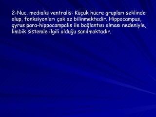 2-Nuc. medialis ventralis: Küçük hücre grupları seklinde olup, fonksiyonları çok az bilinmektedir. Hippocampus, gyrus para-hippocampalis ile bağlantısı olması nedeniyle, limbik sistemle ilgili olduğu sanılmaktadır.  
