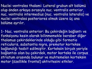 Nuclei ventrales thalami: Lateral grubun alt bölümü olup önden arkaya sırasıyla nuc. ventralis anterior, nuc. ventralis intermedius (nuc. ventralis lateralis) ve nuclei ventrales posteriores olmak üzere üç ana bölüme ayrılır. 1- Nuc. ventralis anterior: Bu çekirdeğin bağlantı ve fonksiyonu kesin olarak bilinmemekle beraber diğer thalamus çekirdeklerinde olduğu gibi formatio reticularis, substantia nigra, premotor kortekse bağlandığı tesbit edilmiştir. Korteksin birçok yeriyle bağlantısı olan bu çekirdek, motor korteks ile corpus striatum arasında bulunur ve muhtemelen korteksin motor (özellikle frontal) aktivitesini etkiler. 