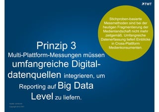 Prinzip 3

Stichproben-basierte
Messmethoden sind bei der
heutigen Fragmentierung der
Medienlandschaft nicht mehr
zeitgemäß. Umfangreiche
Datenerfassung liefert Einblicke
in Cross-Plattform
Medienkonsumenten.

Multi-Plattform-Messungen müssen

umfangreiche Digitaldatenquellen integrieren, um
Reporting auf Big Data
Level zu liefern.
Quelle: comScore
Copyright 2013 TWT

 