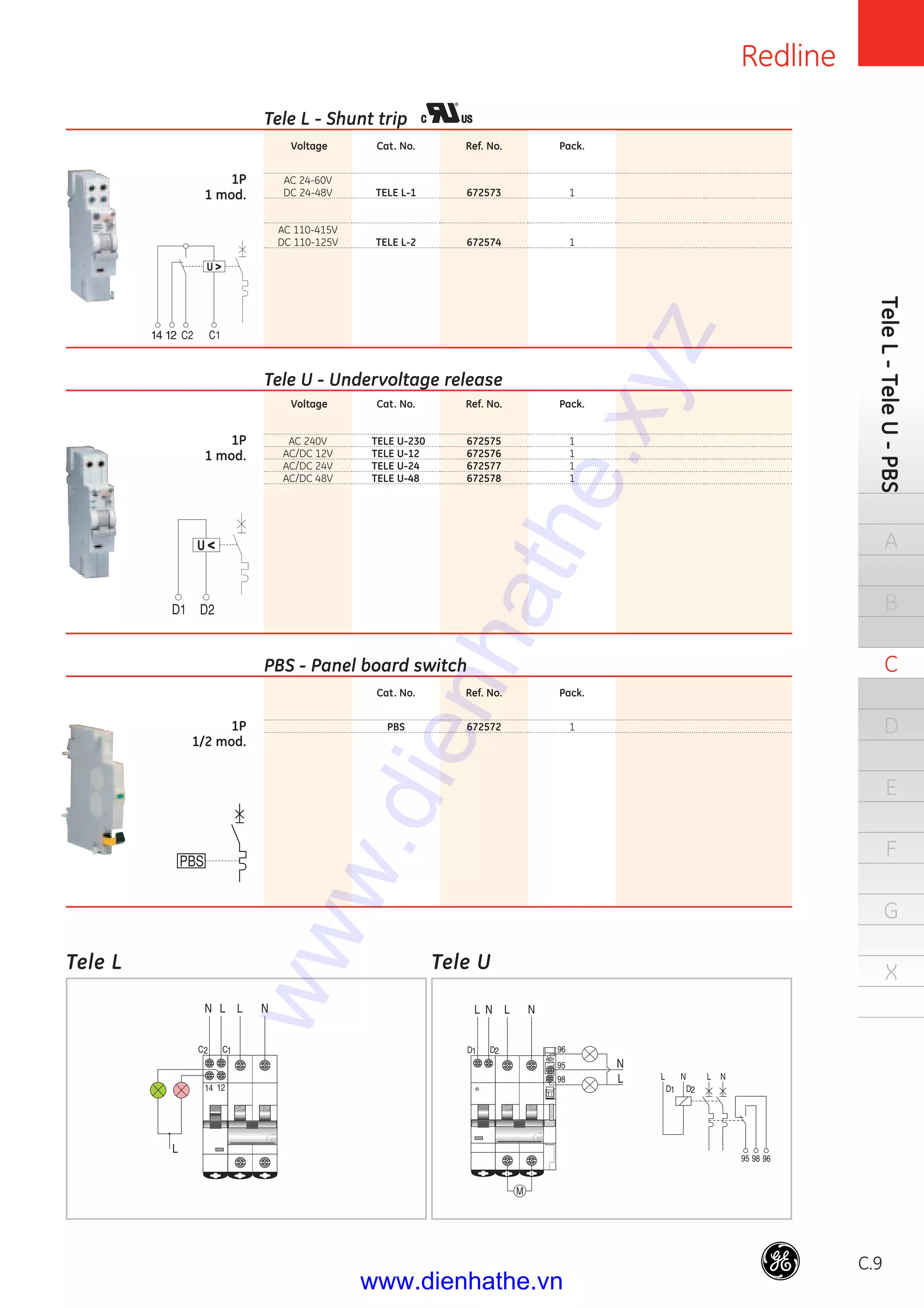 Redline
C.9
TeleL-TeleU-PBS
A
B
C
D
E
F
G
X
Voltage
AC 24-60V
DC 24-48V
AC 110-415V
DC 110-125V
Voltage
AC 240V
AC/DC 12V
AC/DC 24V
AC/DC 48V
Cat. No.
TELE L-1
TELE L-2
Cat. No.
TELE U-230
TELE U-12
TELE U-24
TELE U-48
Cat. No.
PBS
Ref. No.
672573
672574
Ref. No.
672575
672576
672577
672578
Ref. No.
672572
Pack.
1
1
Pack.
1
1
1
1
Pack.
1
Tele L - Shunt trip
1P
1 mod.
Tele U - Undervoltage release
1P
1 mod.
PBS - Panel board switch
1P
1/2 mod.
Tele L Tele U
www.dienhathe.xyz
www.dienhathe.vn
 